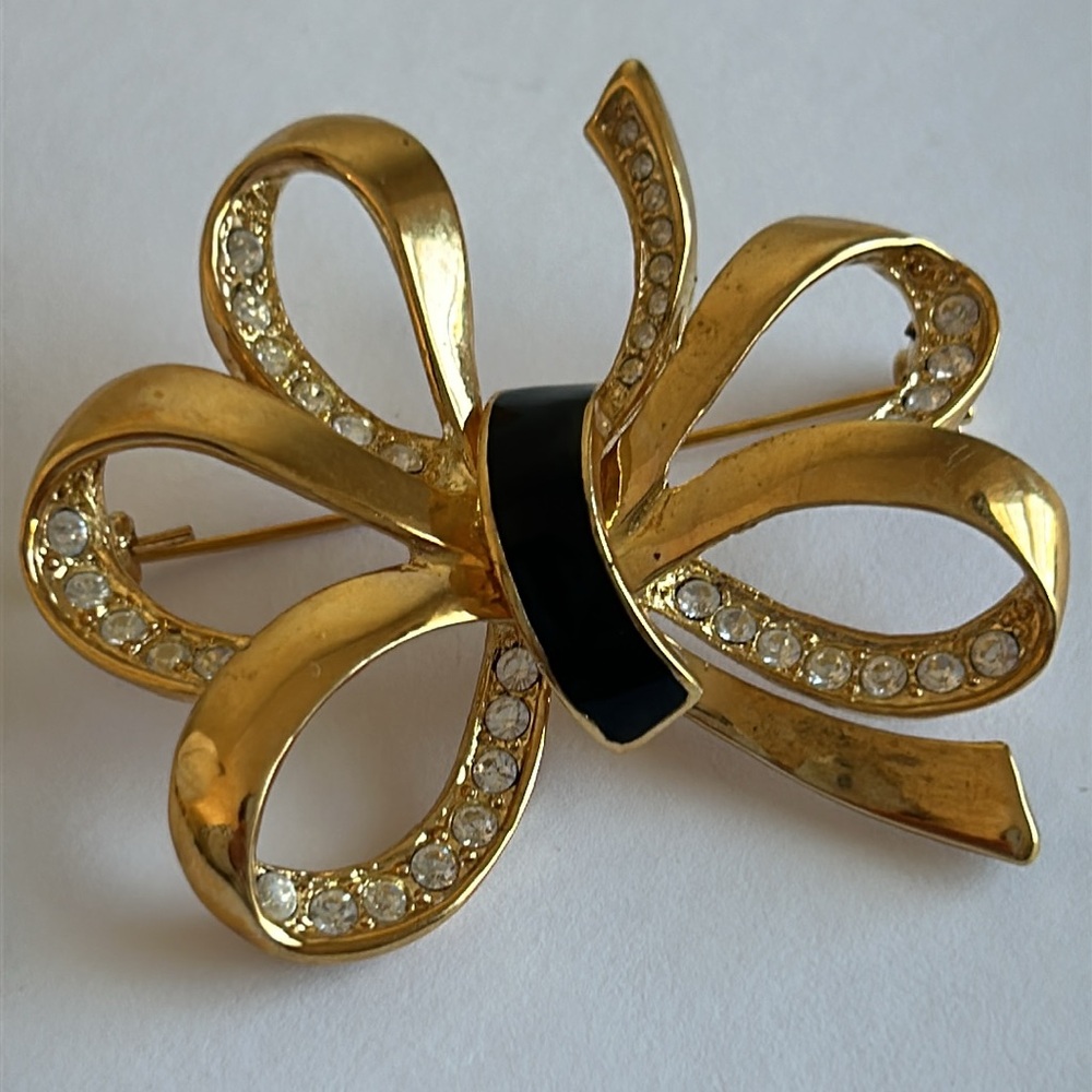Vintage Roman Rhinestone Bow Brooch Pin